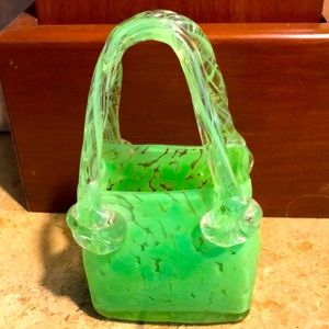 Vintage Hand Blown Murano Green Bubble Glass Purse Basket Vase Handle Planter |